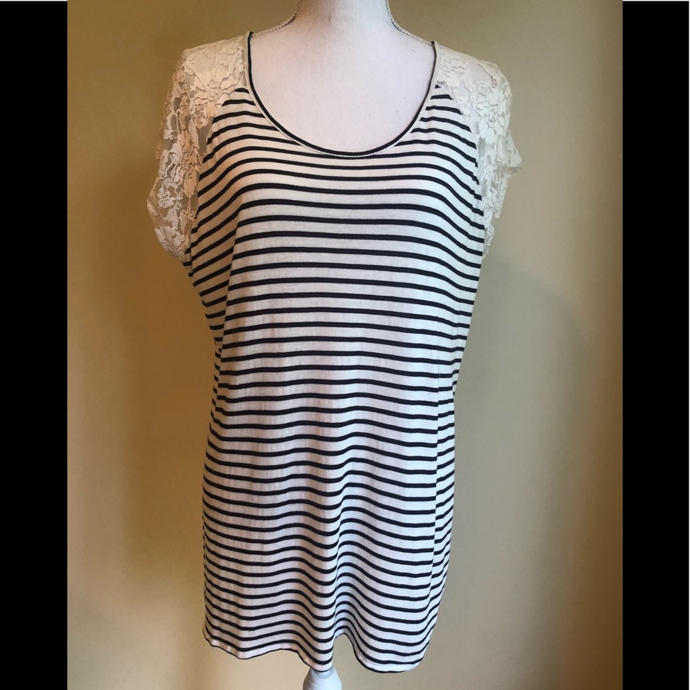 MINKPINK Navy and White Stripe and Lace Top Size S